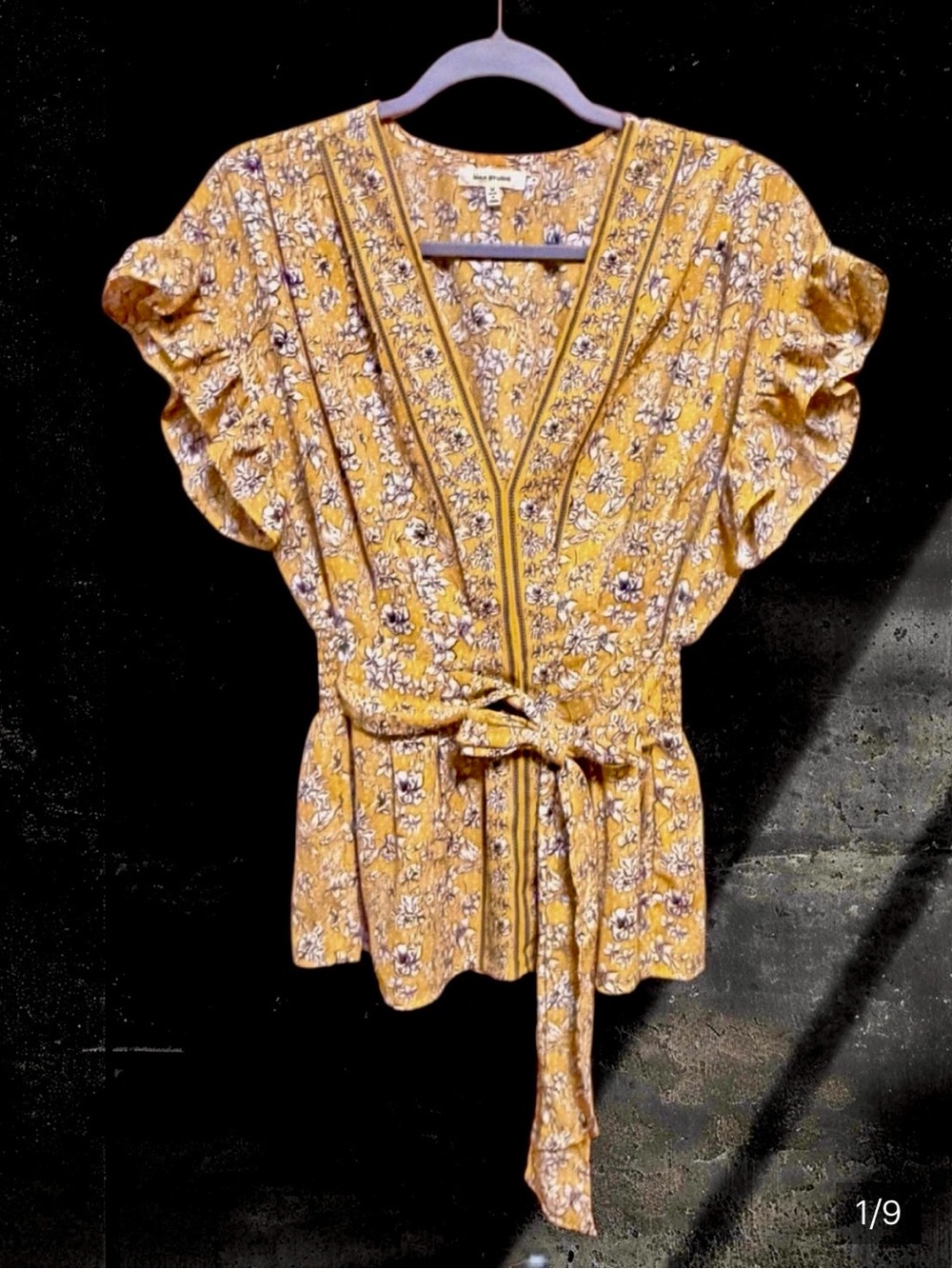 Max Studio Yellow Floral Tie-Waist Flutter Sleeve Blouse size Medium